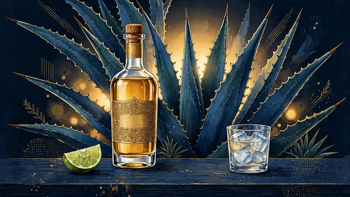 Illustrated editorial graphic of a premium tequila bottle with a blue agave plant