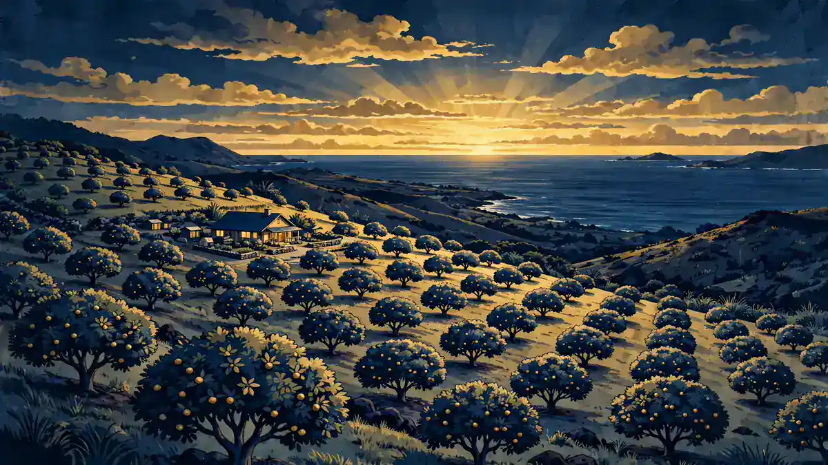Stylized illustration of a macadamia nut farm on a Hawaiian hillside at sunset in navy and gold