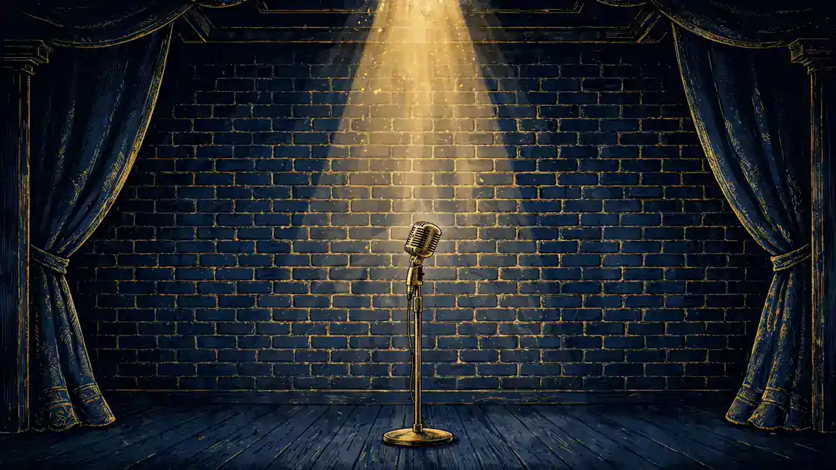 Stylized illustration of an empty stand-up comedy stage with a single spotlight and vintage microphone in navy and gold
