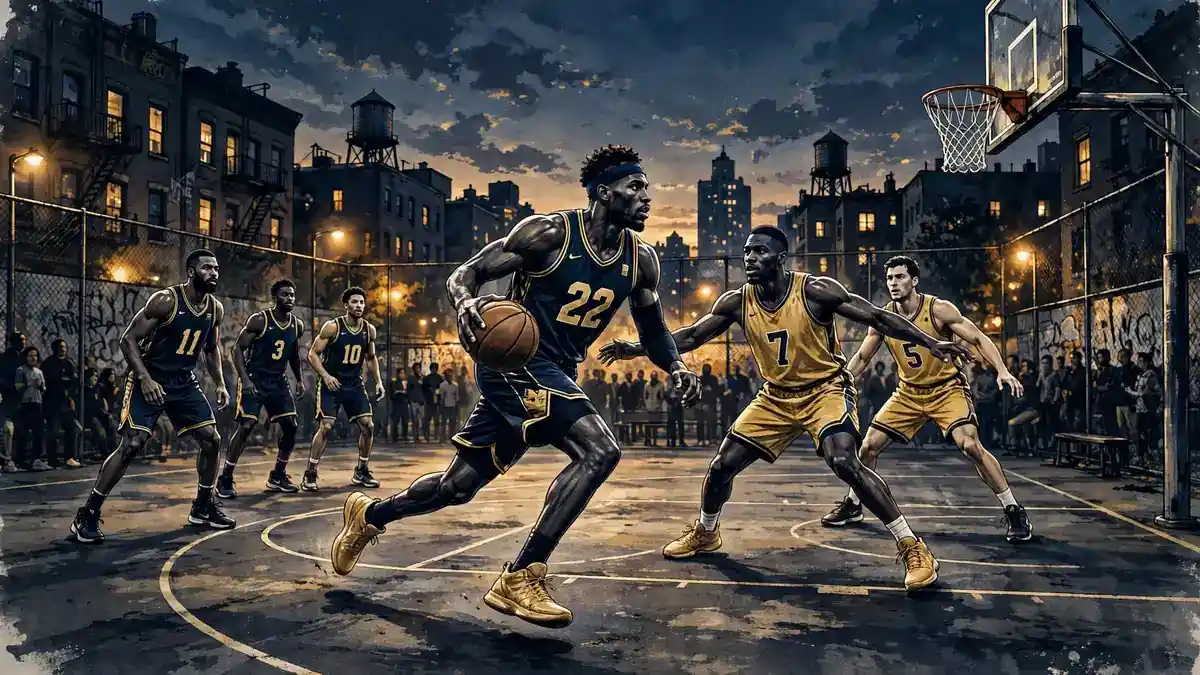 Illustrated 3-on-3 basketball game at dusk in navy and gold