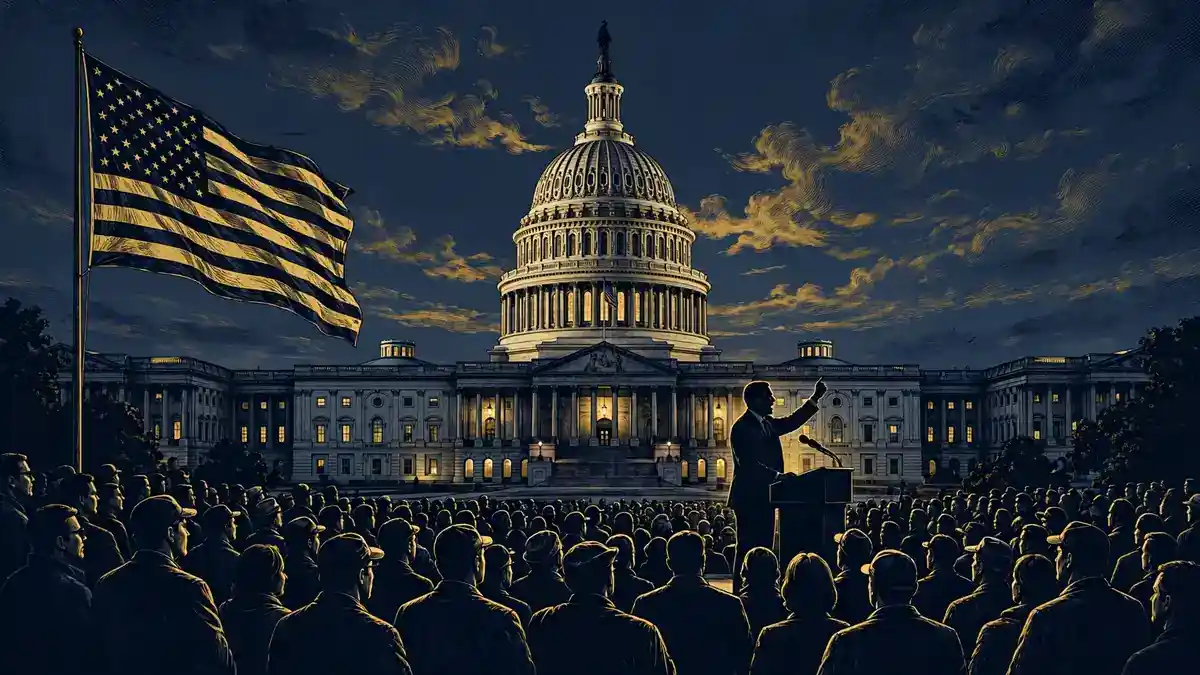 Illustrated U.S. Capitol rally at dusk in navy and gold