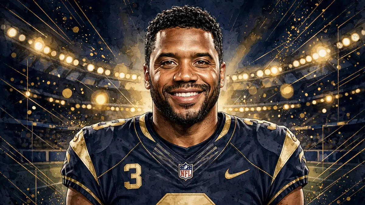 Stylized illustrated portrait of NFL quarterback Russell Wilson in a football jersey against a navy and gold background