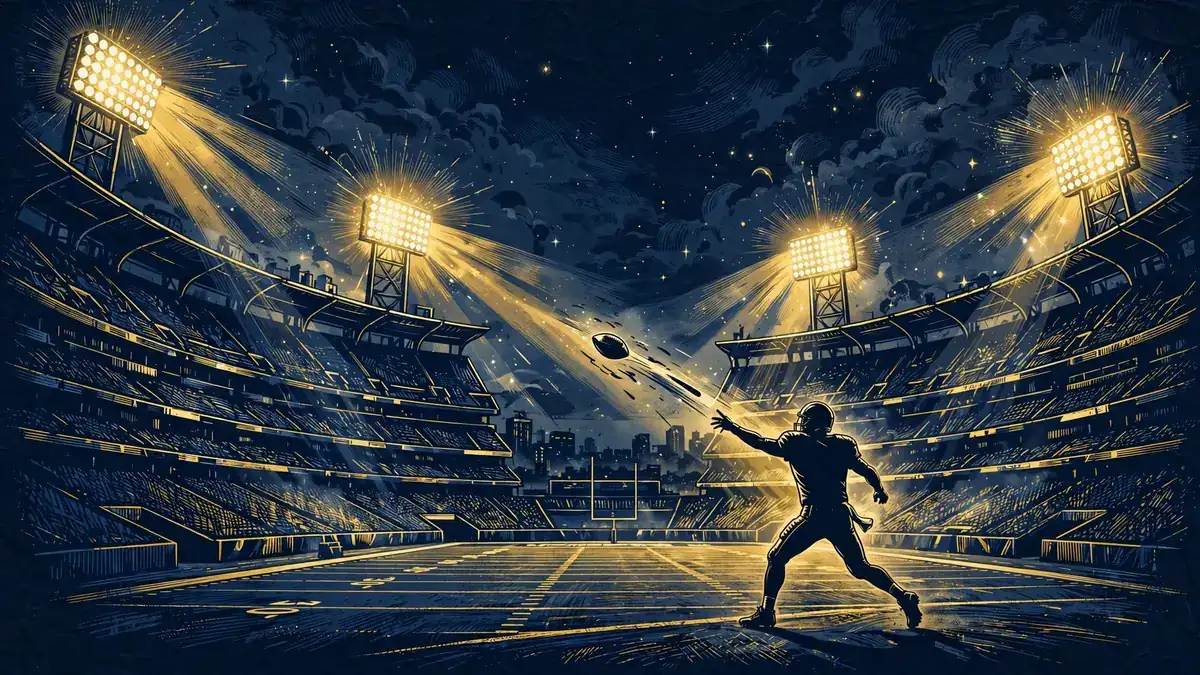 Stylized illustration of an NFL stadium at night with a quarterback throwing a pass under floodlights in navy and gold
