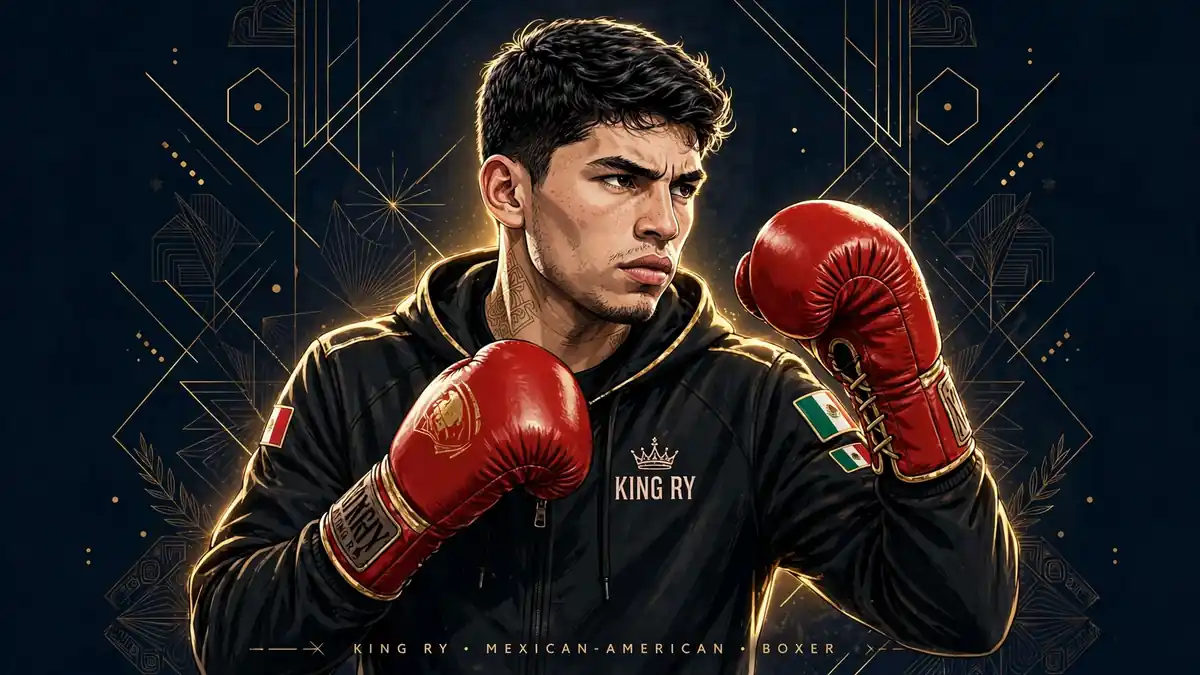Stylized navy-and-gold editorial portrait illustration of boxer Ryan Garcia with red gloves raised