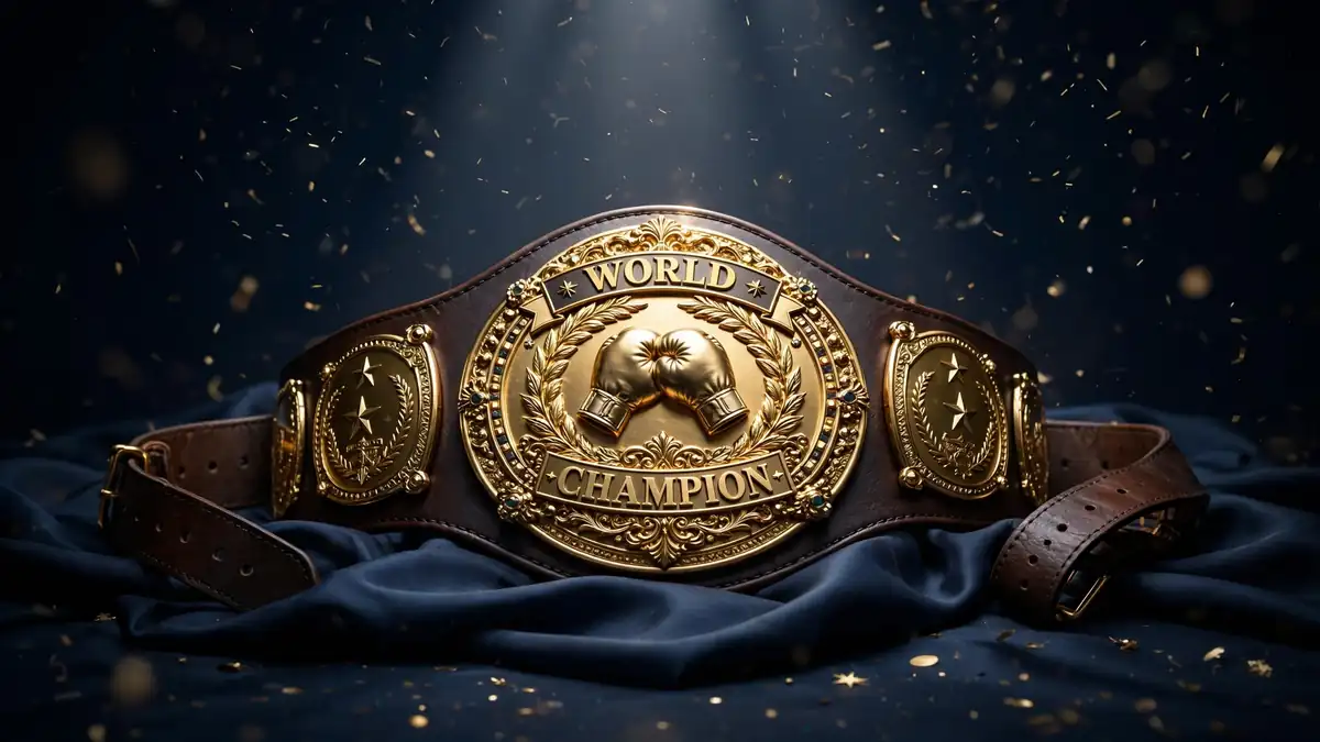 Illustration of an ornate gold boxing championship belt on dark navy silk