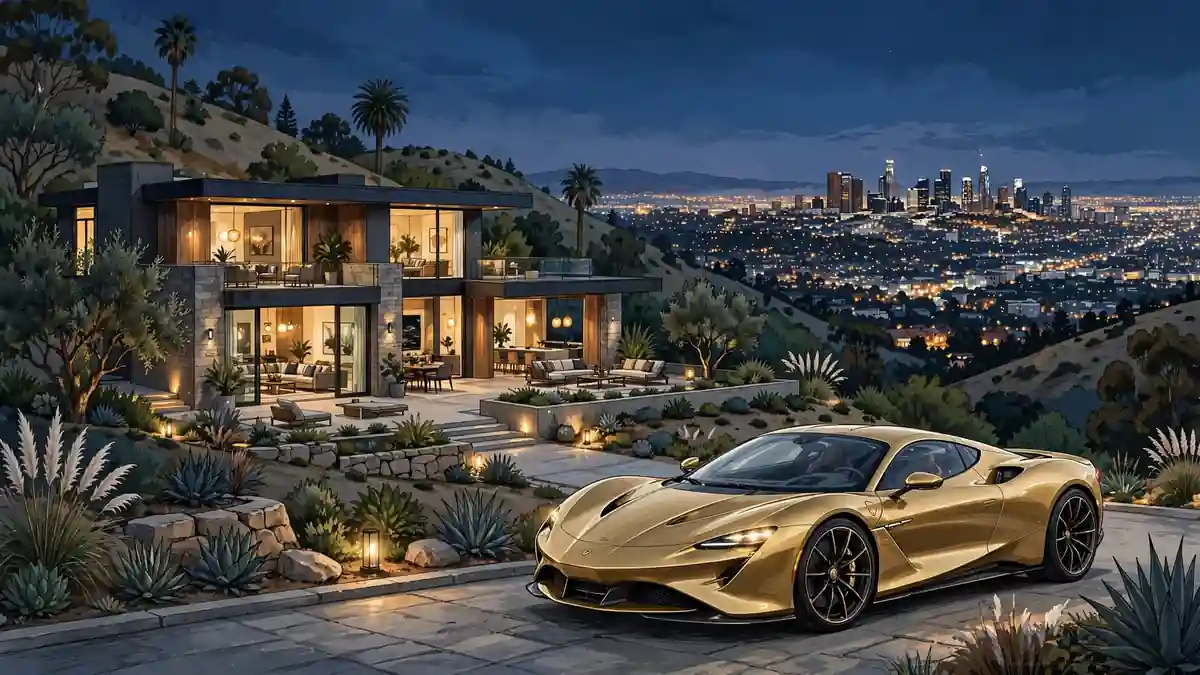 Illustration of a gold luxury sports car outside a modern California hillside mansion at dusk