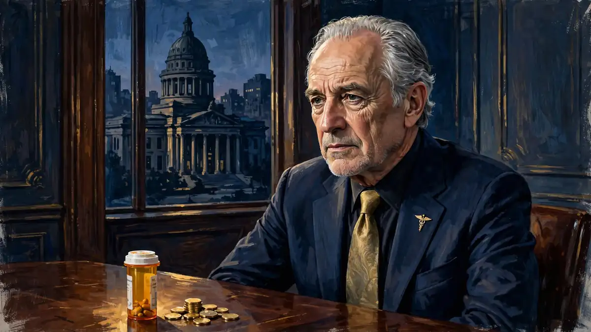 Stylized editorial illustration of a senior pharmaceutical chairman with a pill bottle and gold coins, courthouse visible through the window, dark navy and gold
