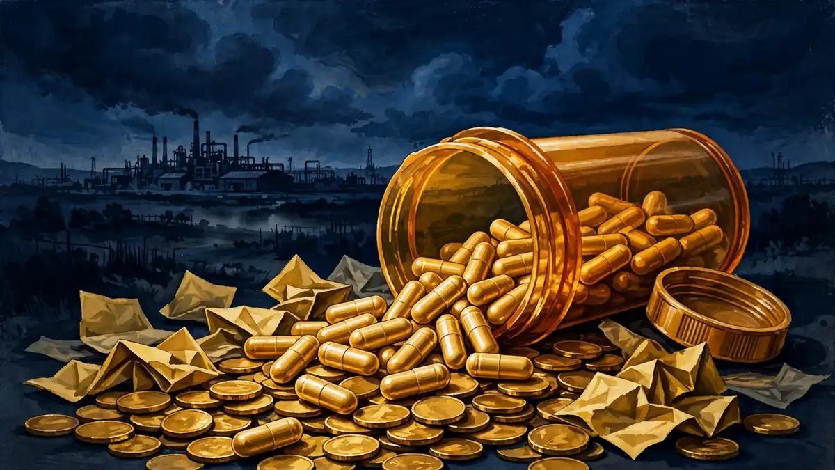 Illustrated amber prescription pill bottle tipped over, spilling golden capsules onto gold coins with a pharmaceutical factory on the horizon, dark navy and gold