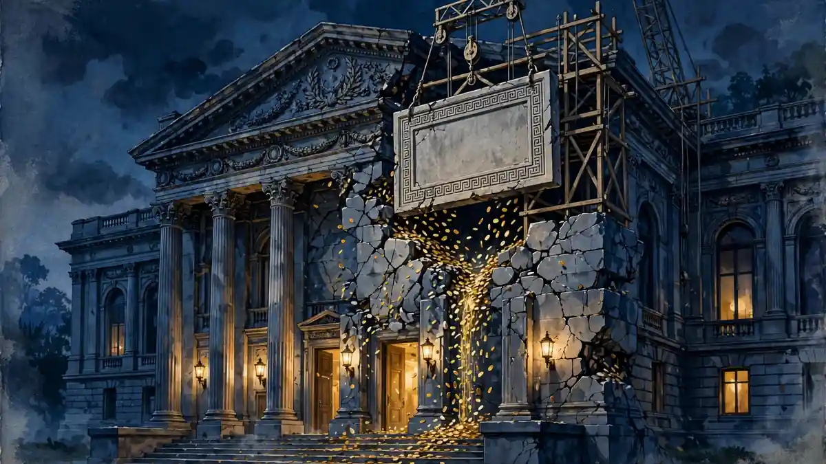 Illustrated grand museum facade with an engraved stone name plaque being removed by scaffolding, gold coins in the stonework, dark navy and gold