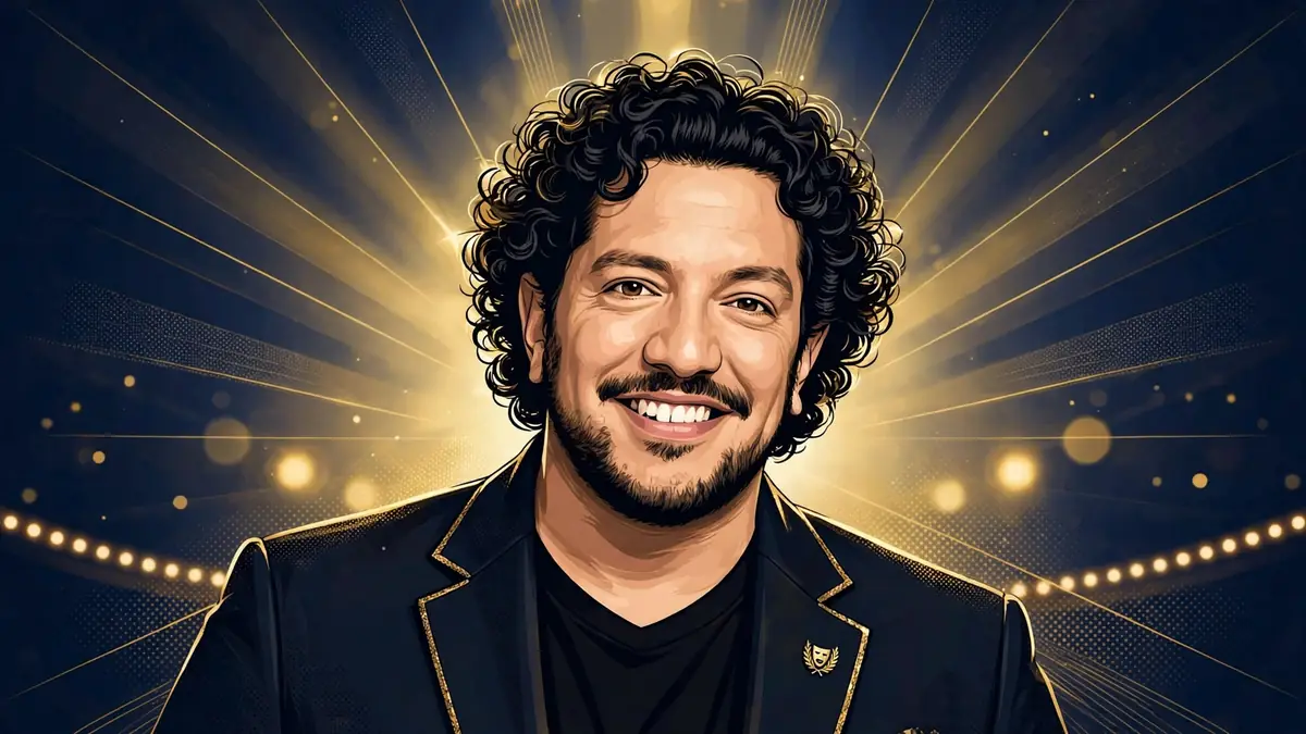 Illustrated portrait of comedian Sal Vulcano against a navy and gold stage backdrop