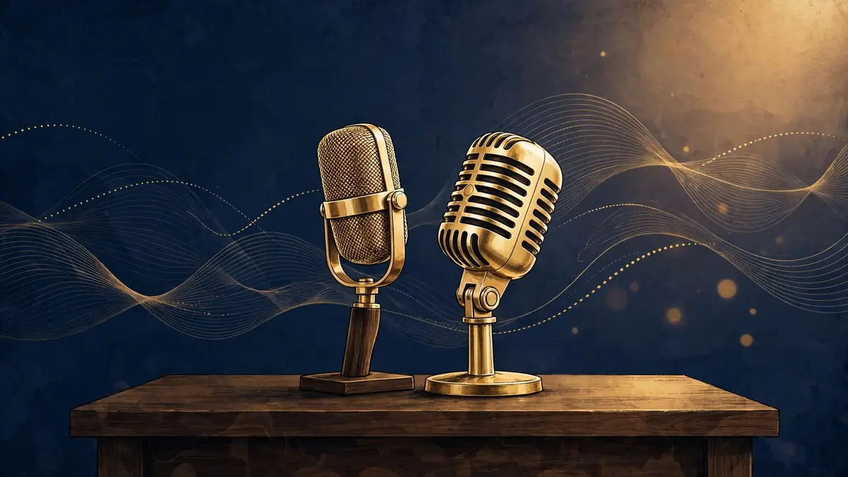 Illustration of a comedy podcast studio with vintage microphones on a table
