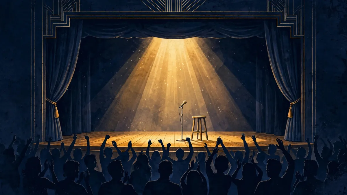 Illustration of a stand-up comedy theater stage lit by a single spotlight