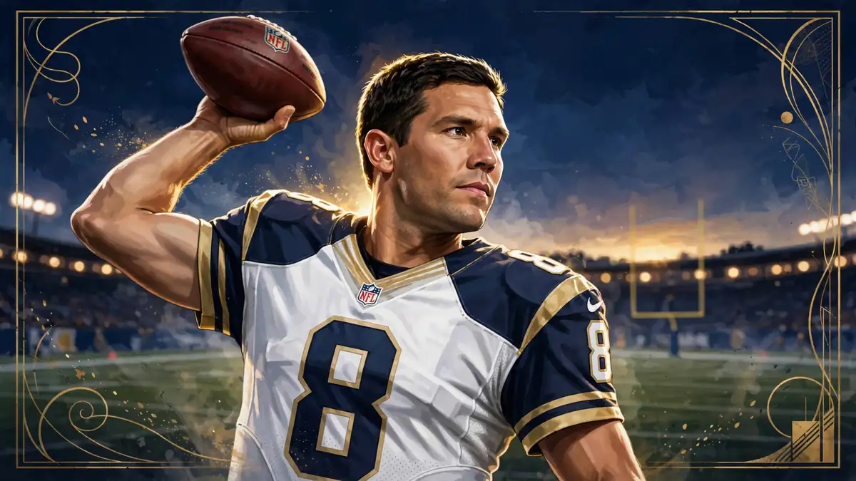 Illustrated portrait of NFL quarterback Sam Bradford in a St. Louis Rams #8 jersey, navy and gold editorial style.