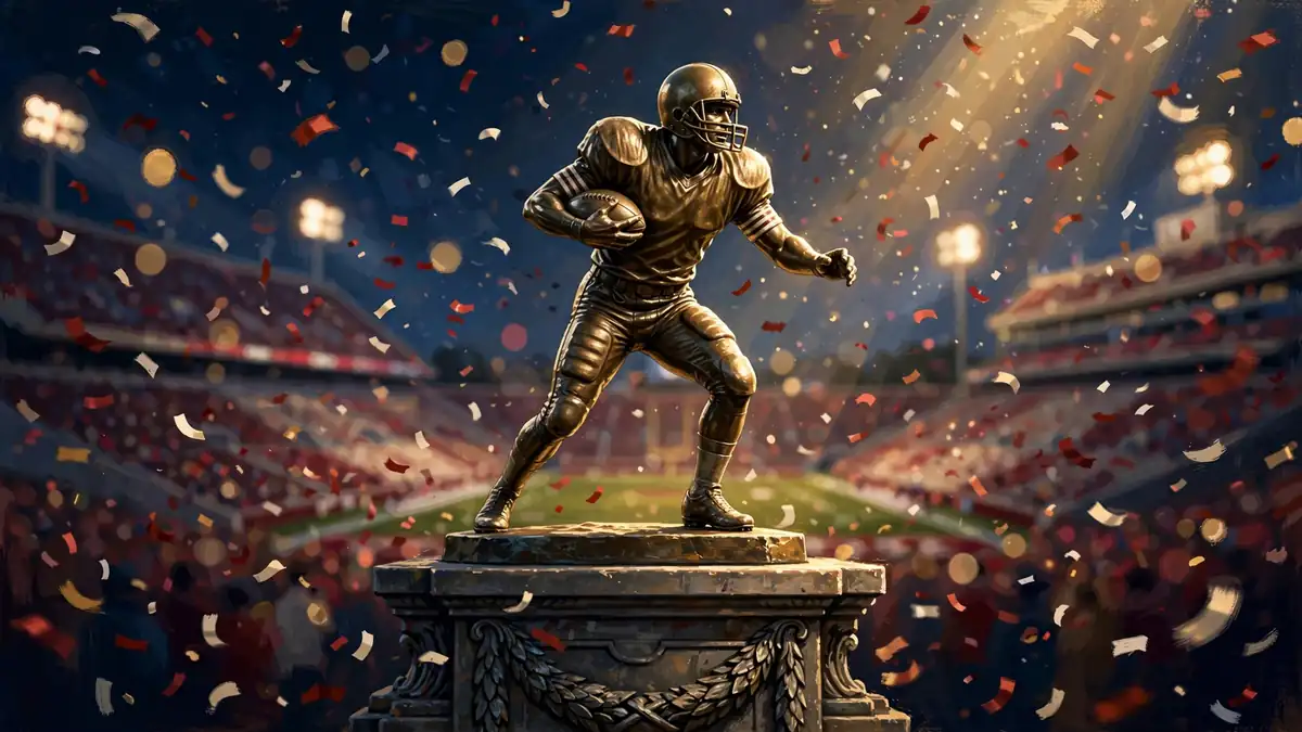 Illustration of a golden Heisman-style trophy with crimson confetti, honoring Sam Bradford's 2008 Heisman Trophy season at Oklahoma