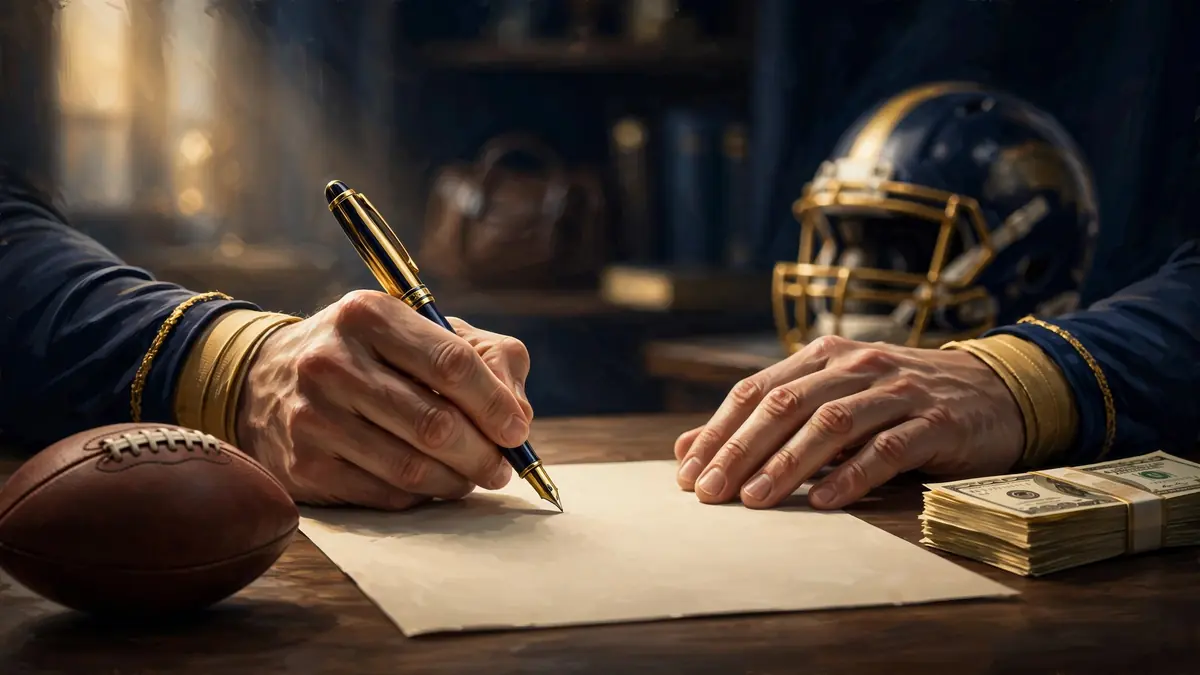 Illustration of a quarterback signing a football contract, representing Sam Bradford's record 2010 rookie deal