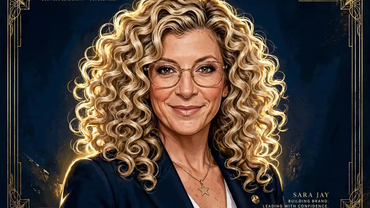 Stylized illustrated portrait of Sara Jay in navy and gold editorial style