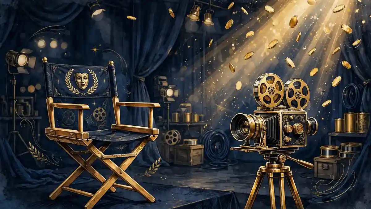 Editorial illustration of a director's chair and film camera in navy and gold, representing Wyde Syde Productions