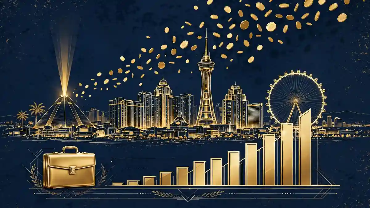 Editorial illustration of a Las Vegas-style night skyline in navy and gold with rising coins