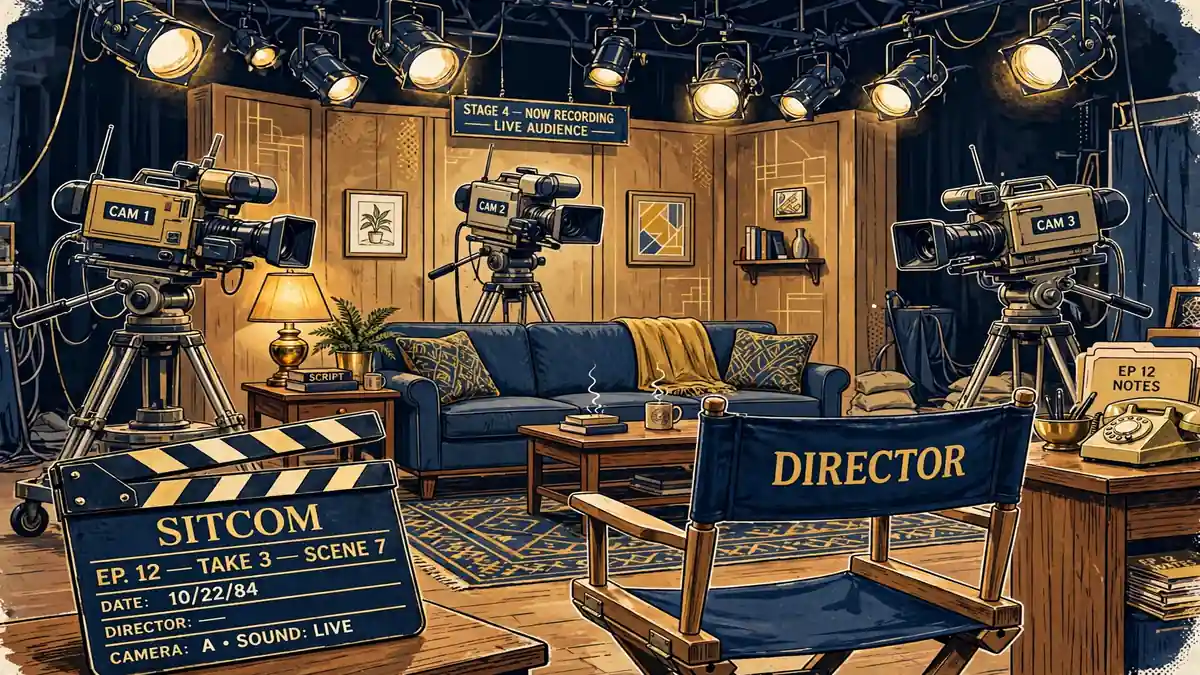 Illustration of a 1980s multi-camera television studio set with broadcast cameras and hanging lights