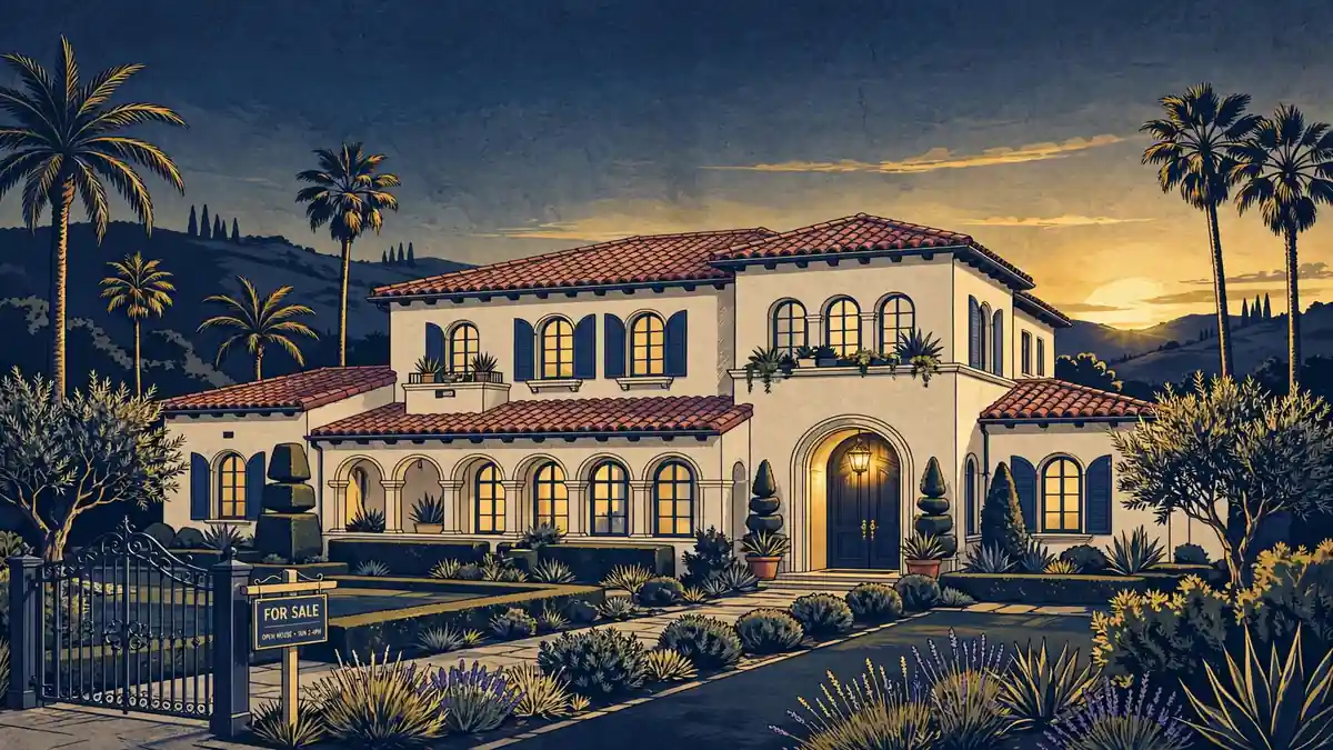Illustration of a Mediterranean-style California mansion with palm trees at sunset