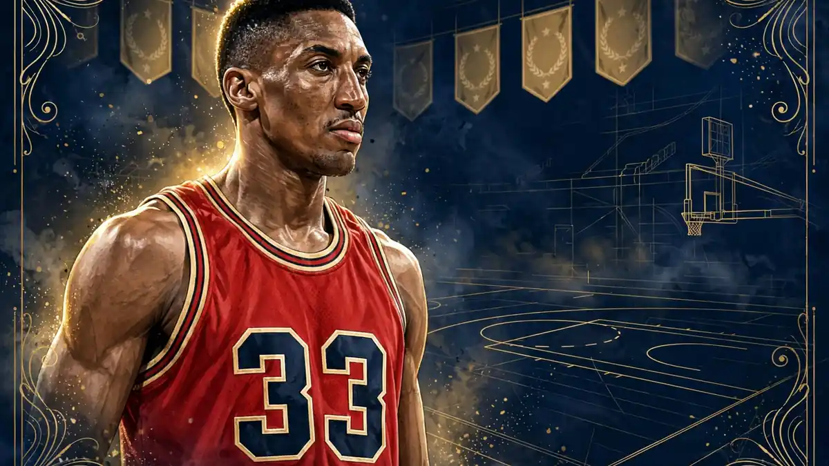 Stylized illustrated portrait of Scottie Pippen in a red Chicago Bulls number 33 jersey against a dark navy and gold backdrop