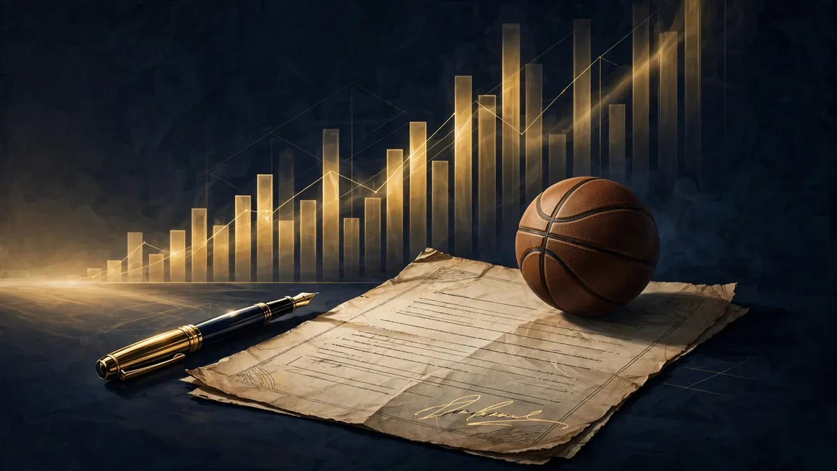 Editorial illustration of a vintage 1990s basketball contract with rising salary bars in gold