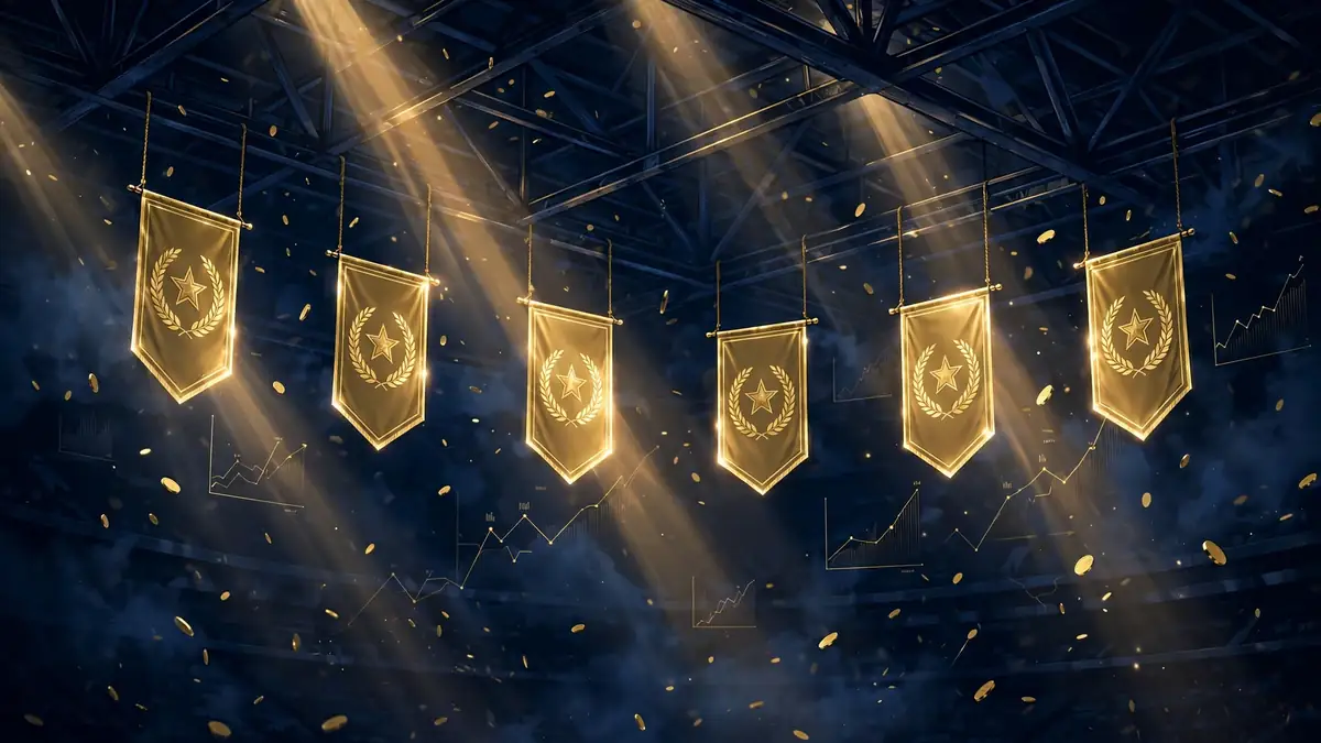 Editorial illustration of six glowing championship banners in a dark arena with gold coins