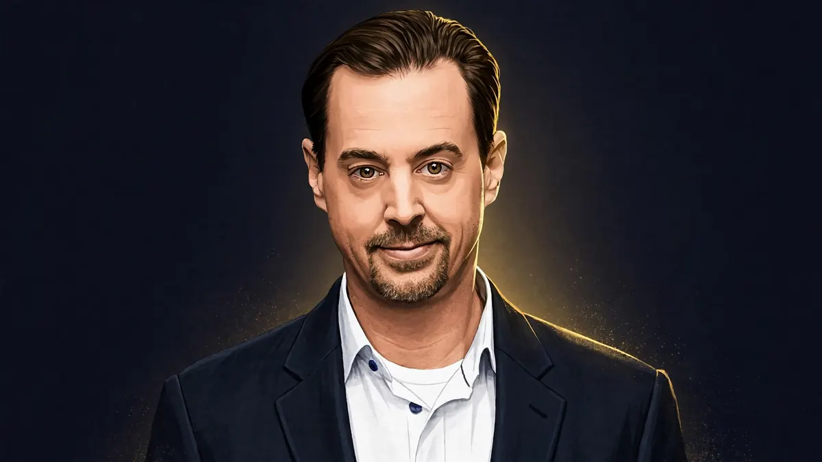 Stylized illustrated portrait of Sean Murray, the NCIS actor, in dark navy and gold editorial style