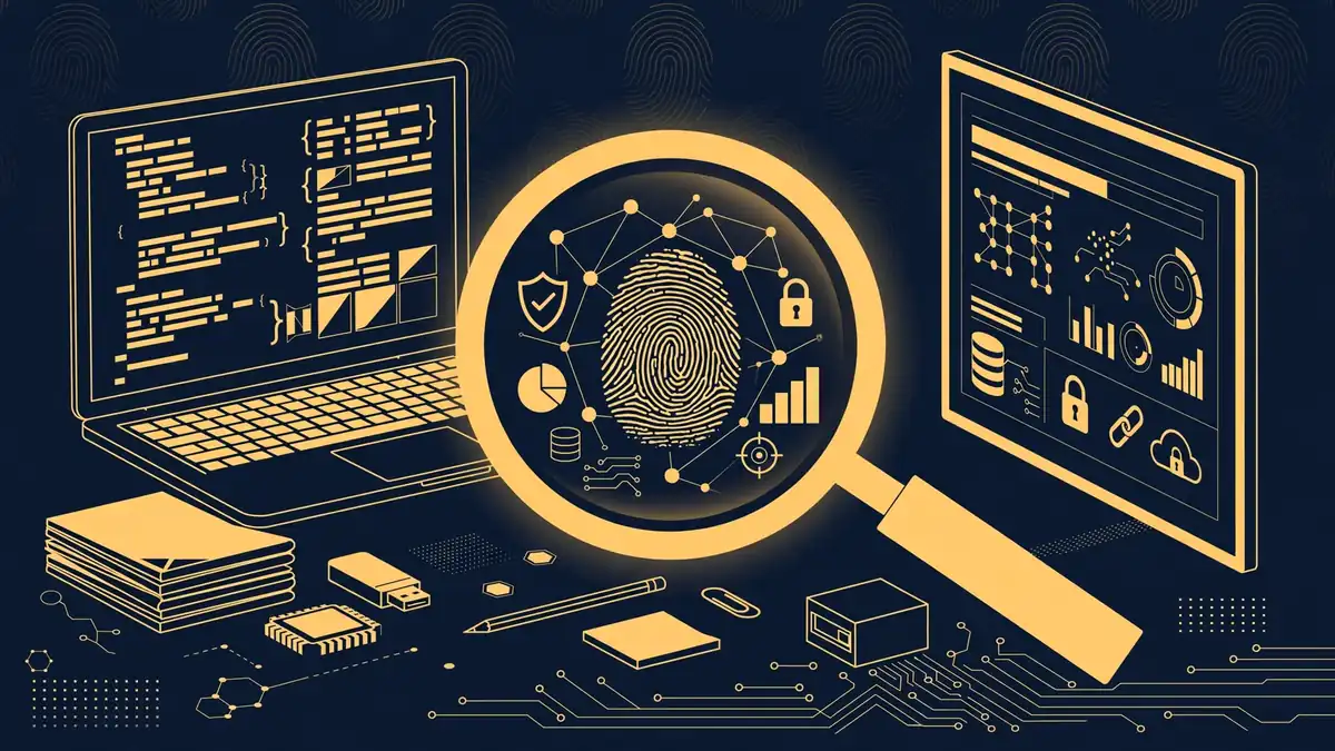 Illustrated cyber-investigator's desk with glowing code and a magnifying glass, dark navy and gold editorial style