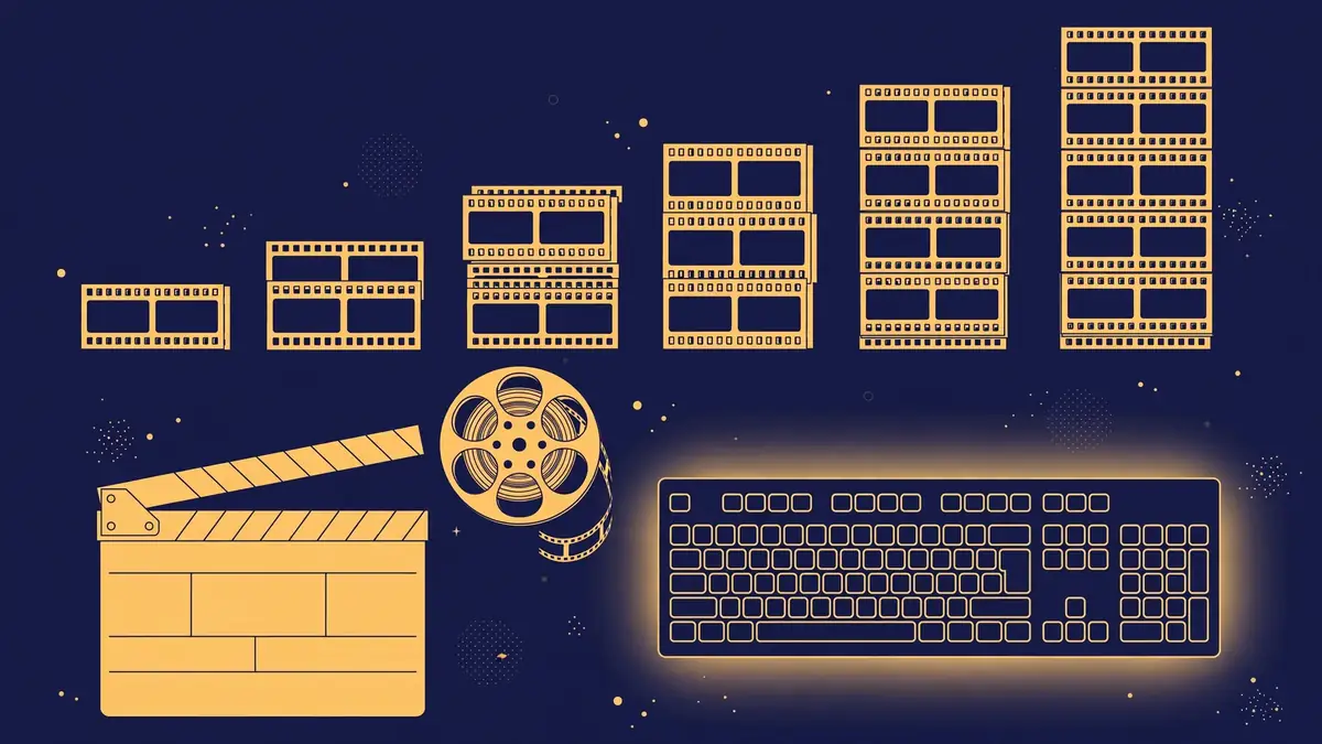 Illustrated clapperboard, film reel and rising film-strip bar chart in dark navy and gold editorial style