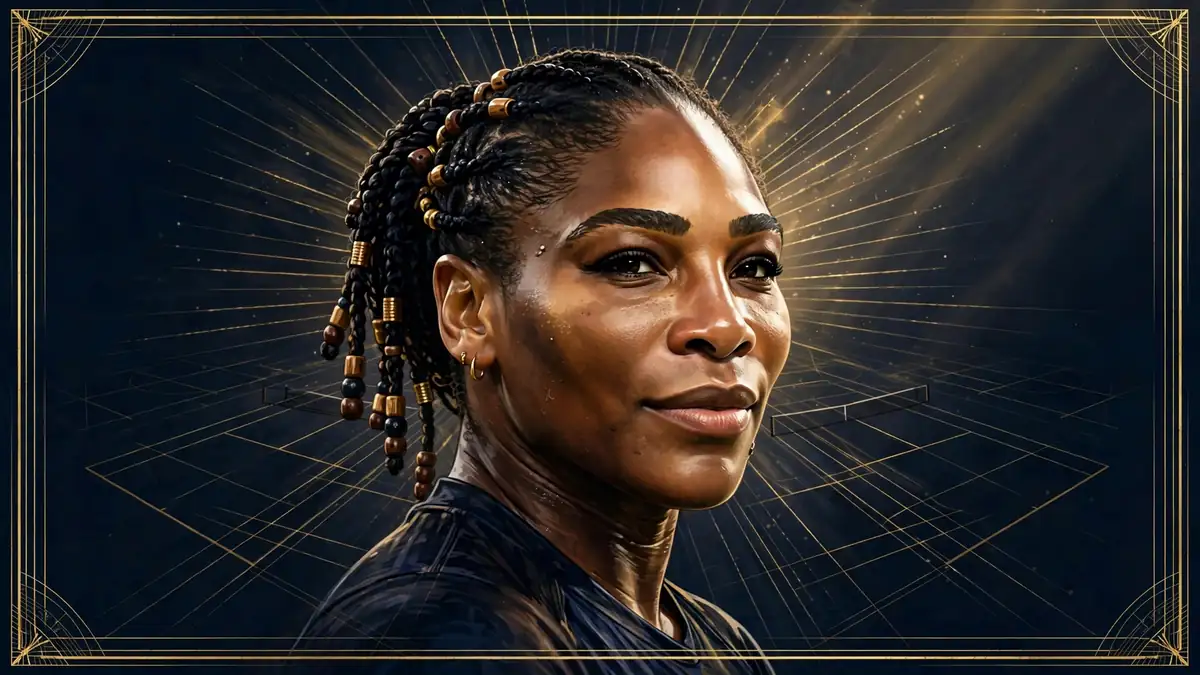Stylized illustrated portrait of Serena Williams in dark navy and gold