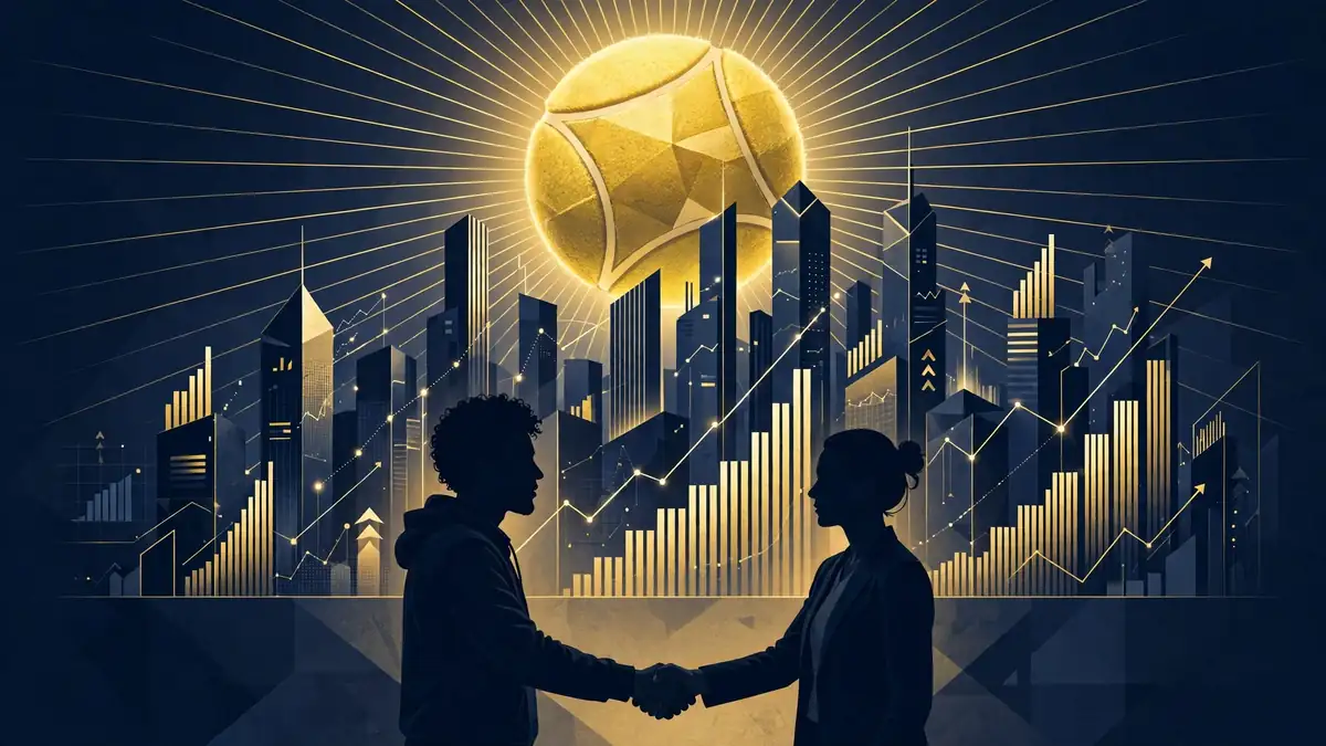 Illustration of a rising startup skyline with investment growth charts and a golden tennis ball sun