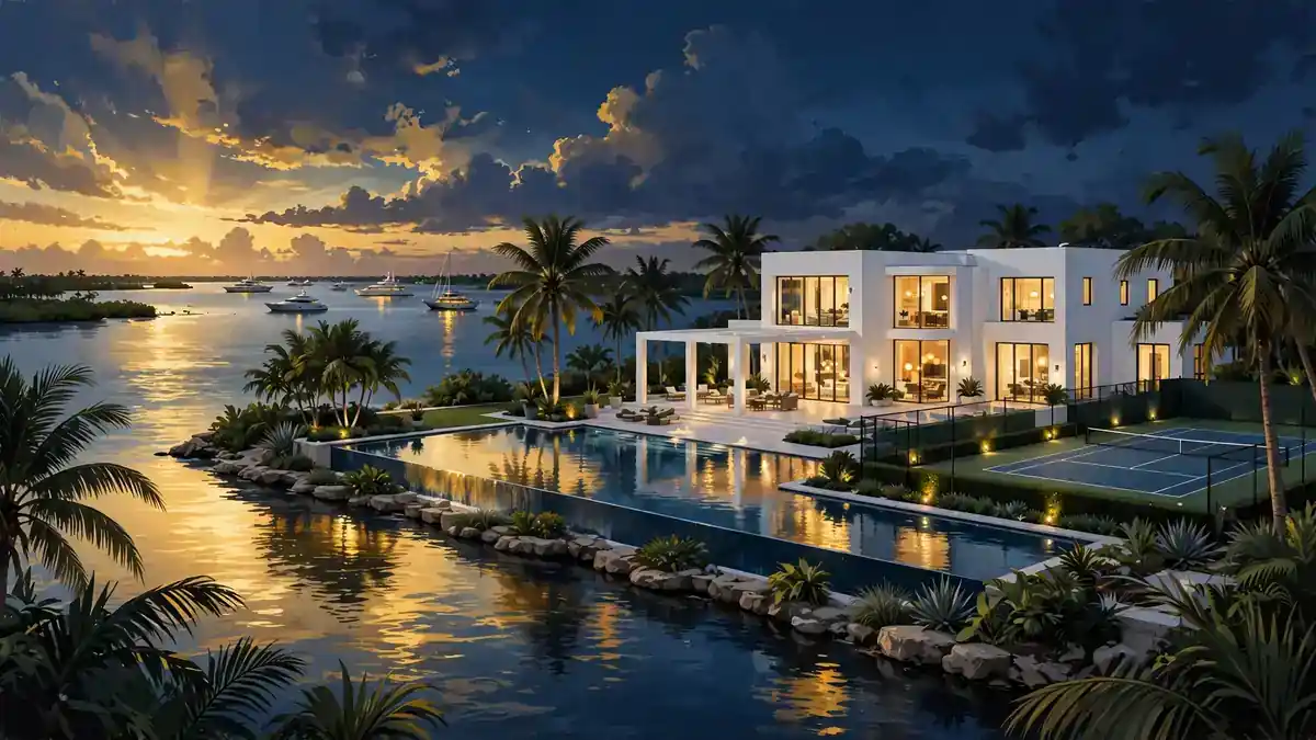 Illustration of a luxury waterfront Florida mansion at dusk with palm trees, pool and tennis court