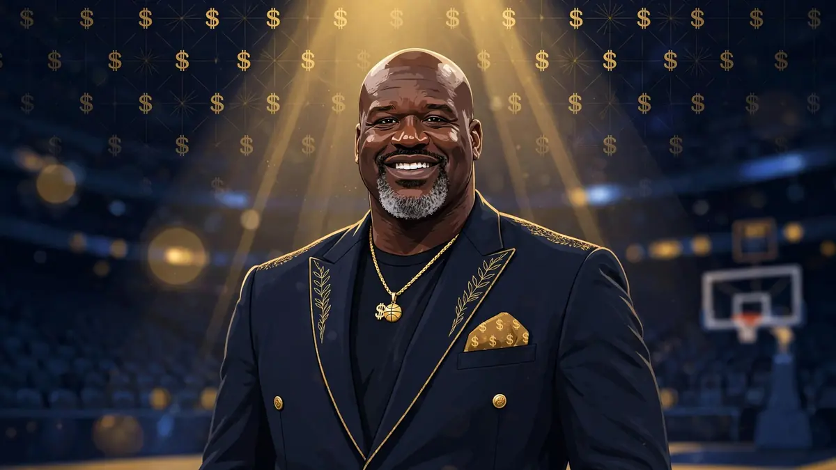 Stylized editorial illustration of Shaquille O'Neal in a dark suit with gold tie among symbols of his franchise empire, navy and gold background