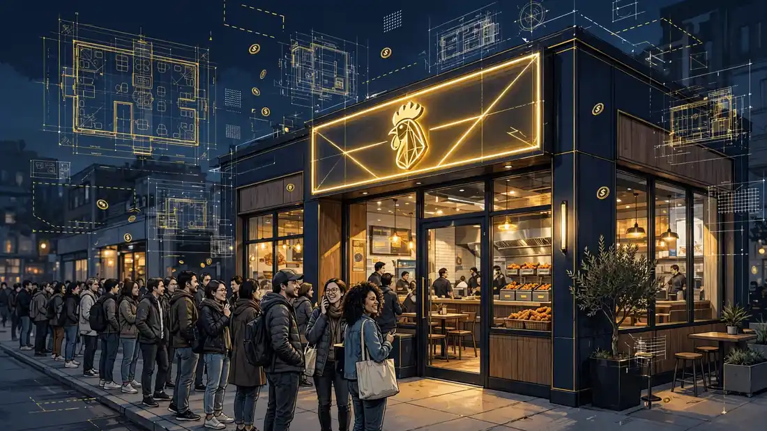 Editorial illustration of restaurant storefronts at golden hour representing Shaquille O'Neal's franchise empire