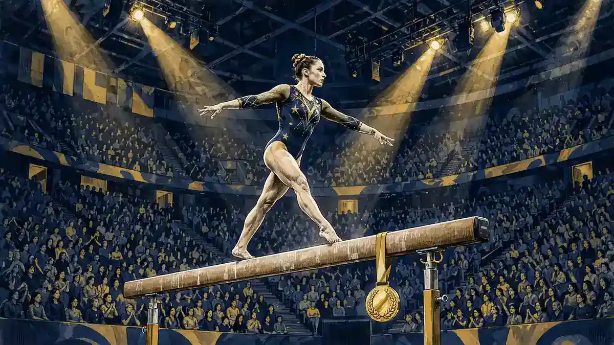 Illustration of a gymnast competing on the balance beam under Olympic spotlights