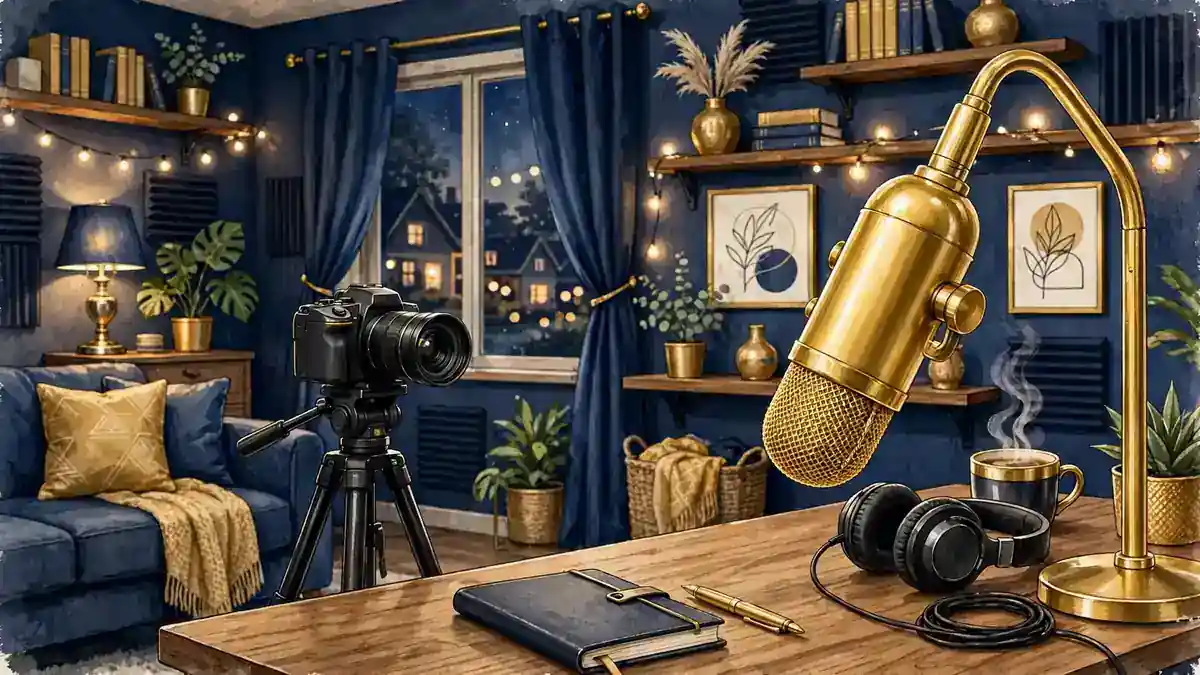 Illustration of a podcast studio microphone and video camera in navy and gold tones