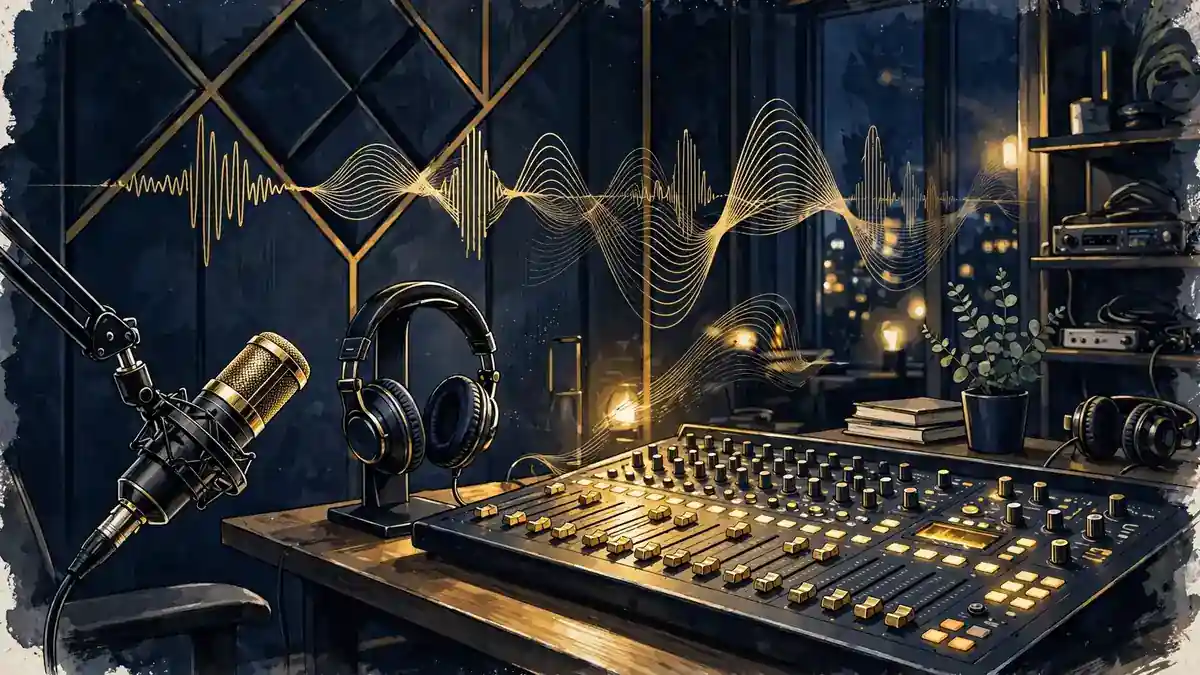 Illustration of a premium podcast studio with broadcast microphone and mixing desk in navy and gold