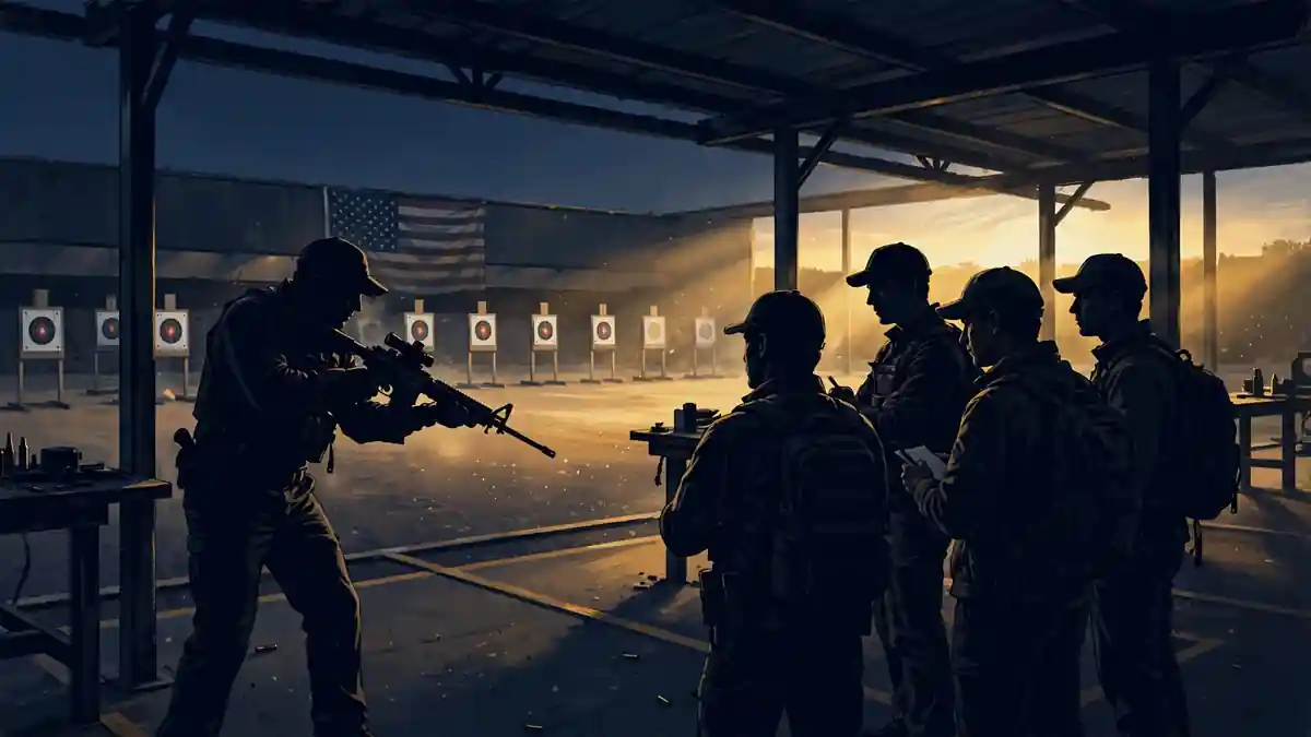 Illustration of a tactical firearms training range at dusk, tied to Shawn Ryan's Vigilance Elite company