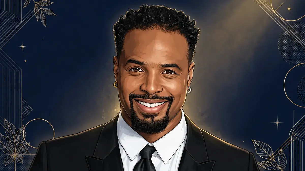 Illustrated portrait of Shawn Wayans in navy and gold editorial style