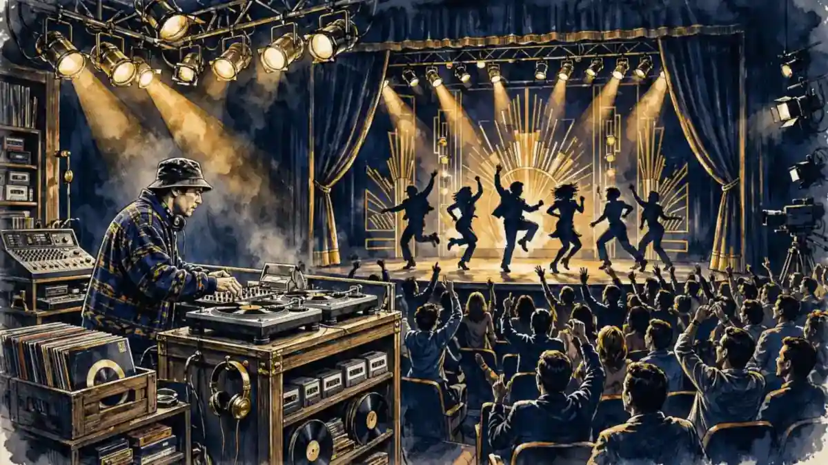 Illustration of a 1990s sketch-comedy TV studio stage with DJ booth and stage lights