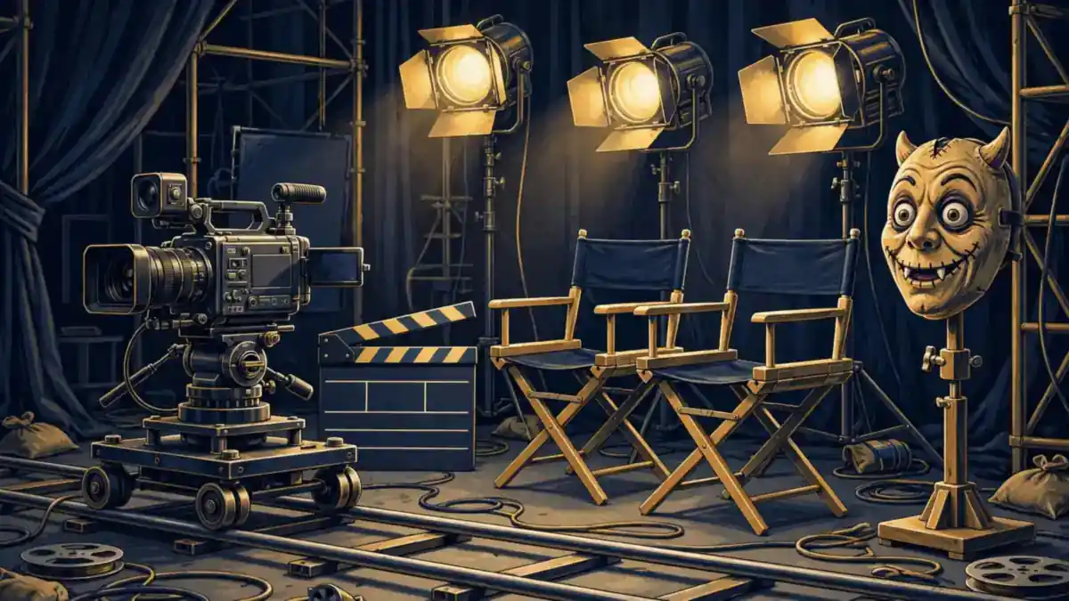 Illustration of a comedy film set with movie camera, clapperboard and director chairs