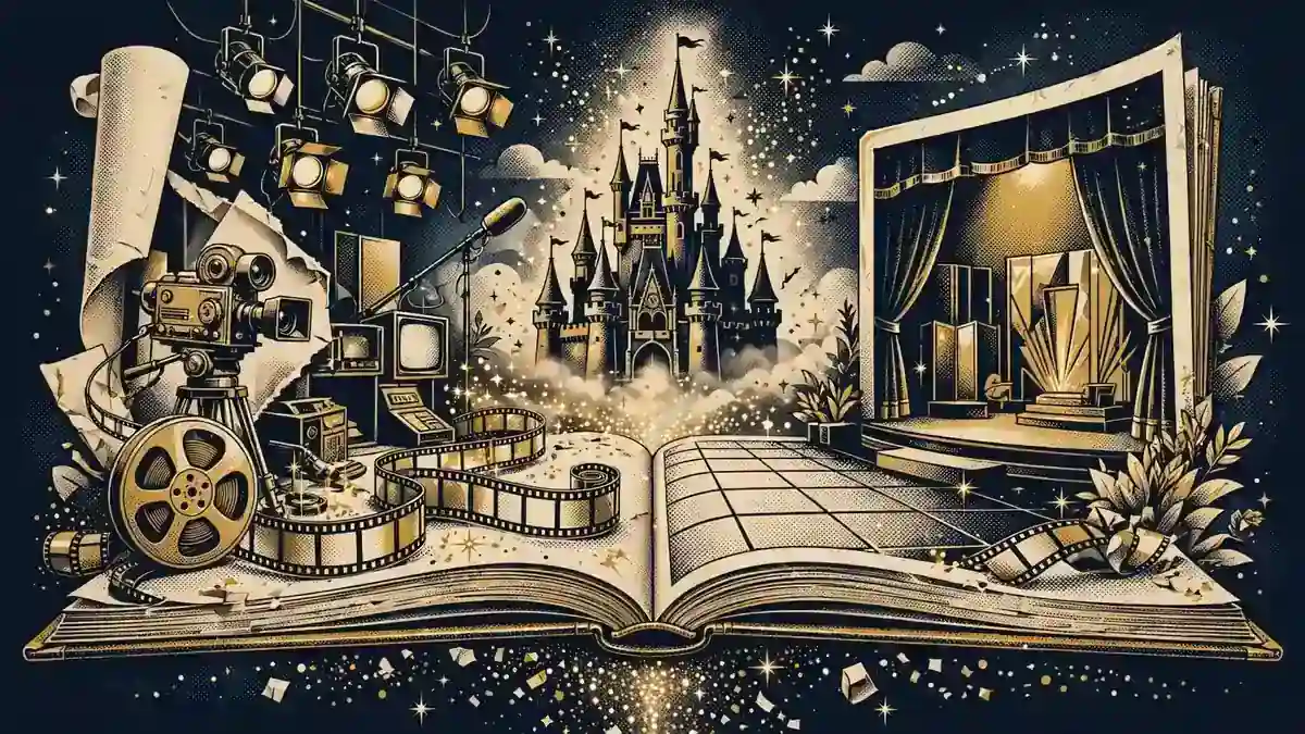 Illustration of an open storybook transforming into a television studio stage