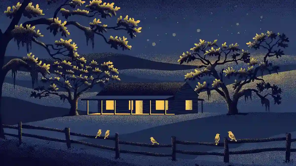 Illustration of a quiet Texas Hill Country ranch house at dusk