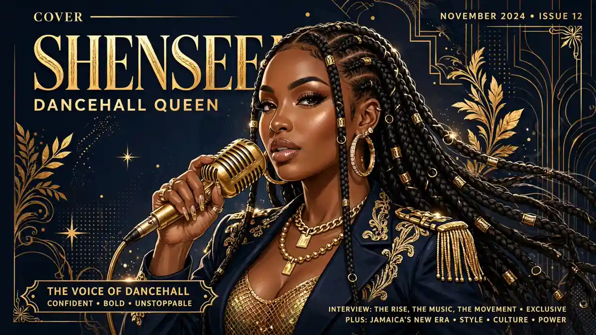 Stylized illustrated portrait of Jamaican dancehall singer Shenseea holding a gold microphone against a navy and gold background