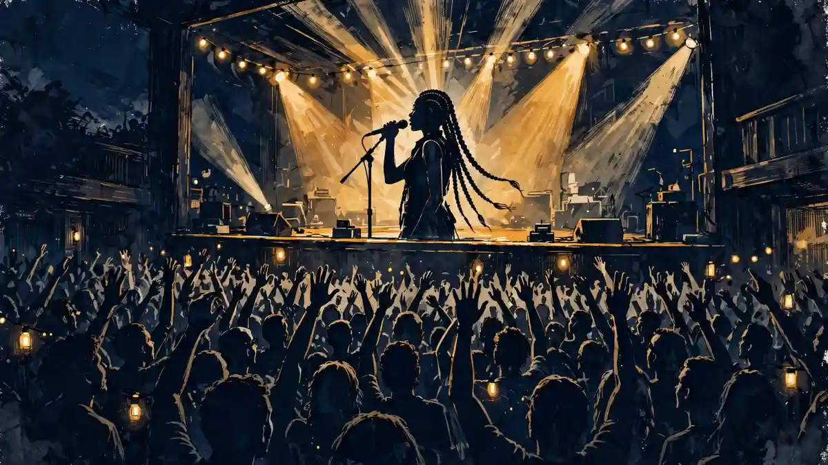 Illustrated night concert scene with a female dancehall singer performing on stage under gold lights before a large crowd