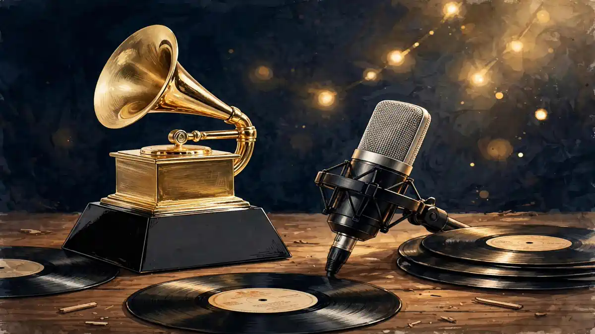 Illustrated gold trophy beside a studio microphone and vinyl records on a navy and gold background