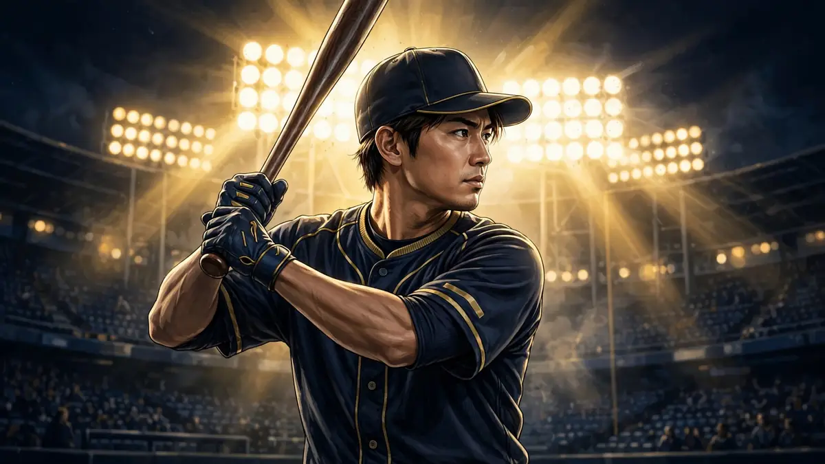 Stylized editorial illustration of Shohei Ohtani in a batting stance under stadium lights in navy and gold.