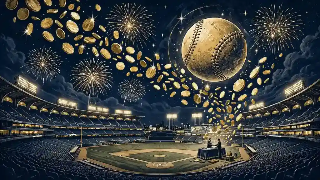 Editorial illustration of a baseball stadium at night with fireworks and gold coins, representing Ohtani's record contract