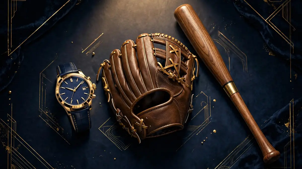 Editorial illustration of a luxury watch, baseball glove and bat symbolizing Ohtani's endorsement empire